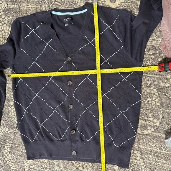 Marc Ecko XL Navy Blue Light Blue Diamond Pick Stitch Plaid Button Down Cardigan - Picture 7 of 8